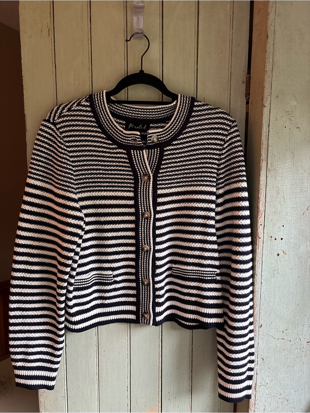 Marled Navy & White Striped Knit Cardigan